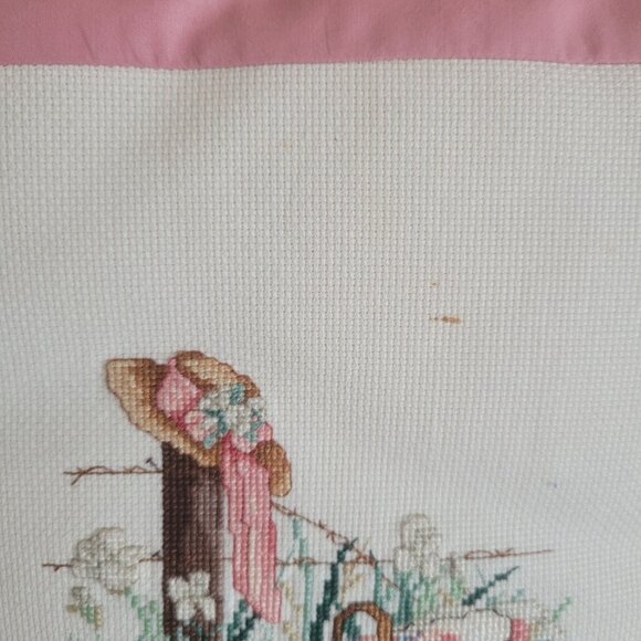 Handmade Pink & White Ruffled Throw Pillow With Cross-Stitch Farmhouse Design - Picture 3 of 7